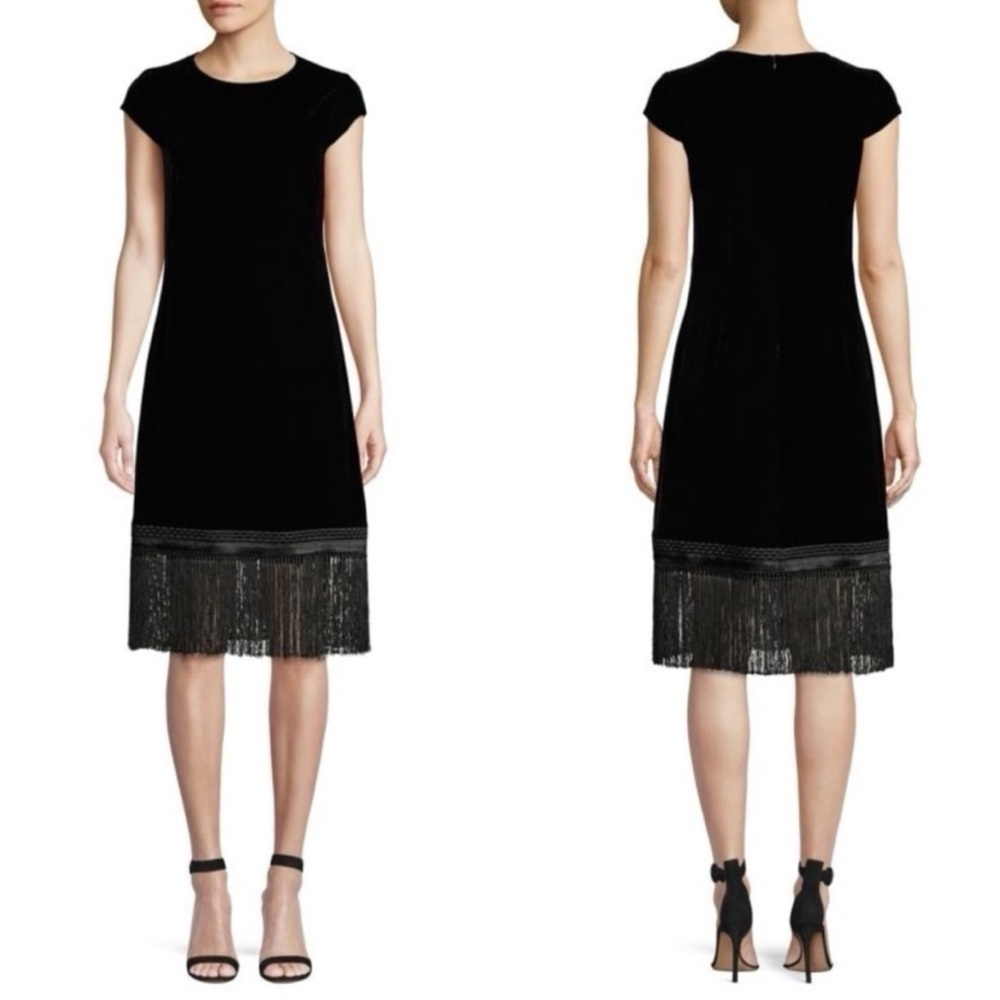 Elie Tahari Velvet Fringe Trim Shift Dress